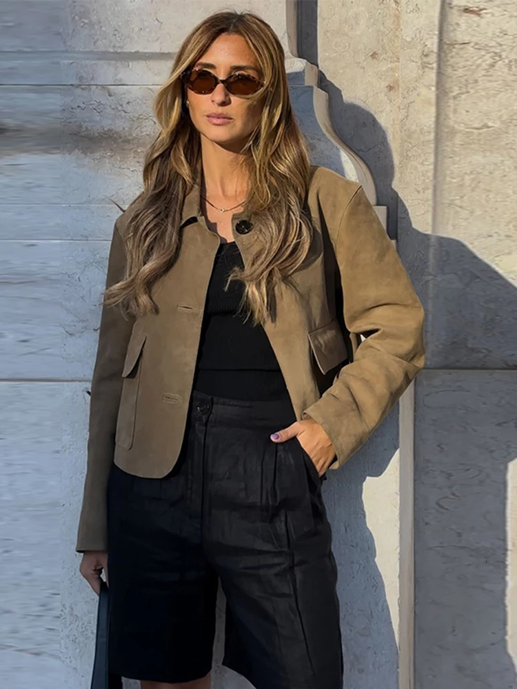 Retro Suede Jacket Elegant Single Breasted Lapel Brown Coats Female 2024 Autumn Winter Fashion Soft Pocket Outwears Lady 241205