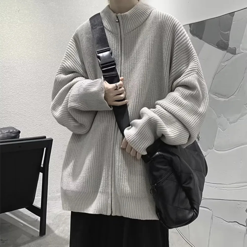 Mens knitted top for spring summer autumn winter streetwear Korean style stand up collar solid color pit stripe slim fit mens sweater cardigan 241206