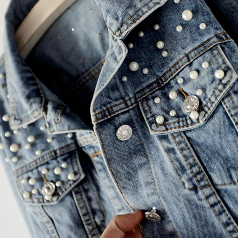 Womens denim jacket embroidered with pearl bead 241206