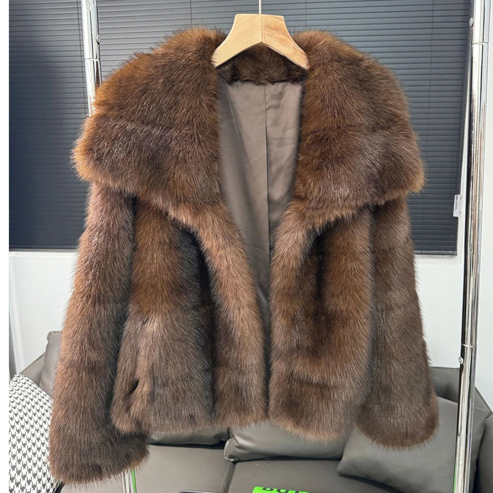 Winter Womens Loose Street Clothing Brown Womens Artificial Mink Leather Jacket Oversized Collar Long Sleeve Warm Fluffy Coat 241202