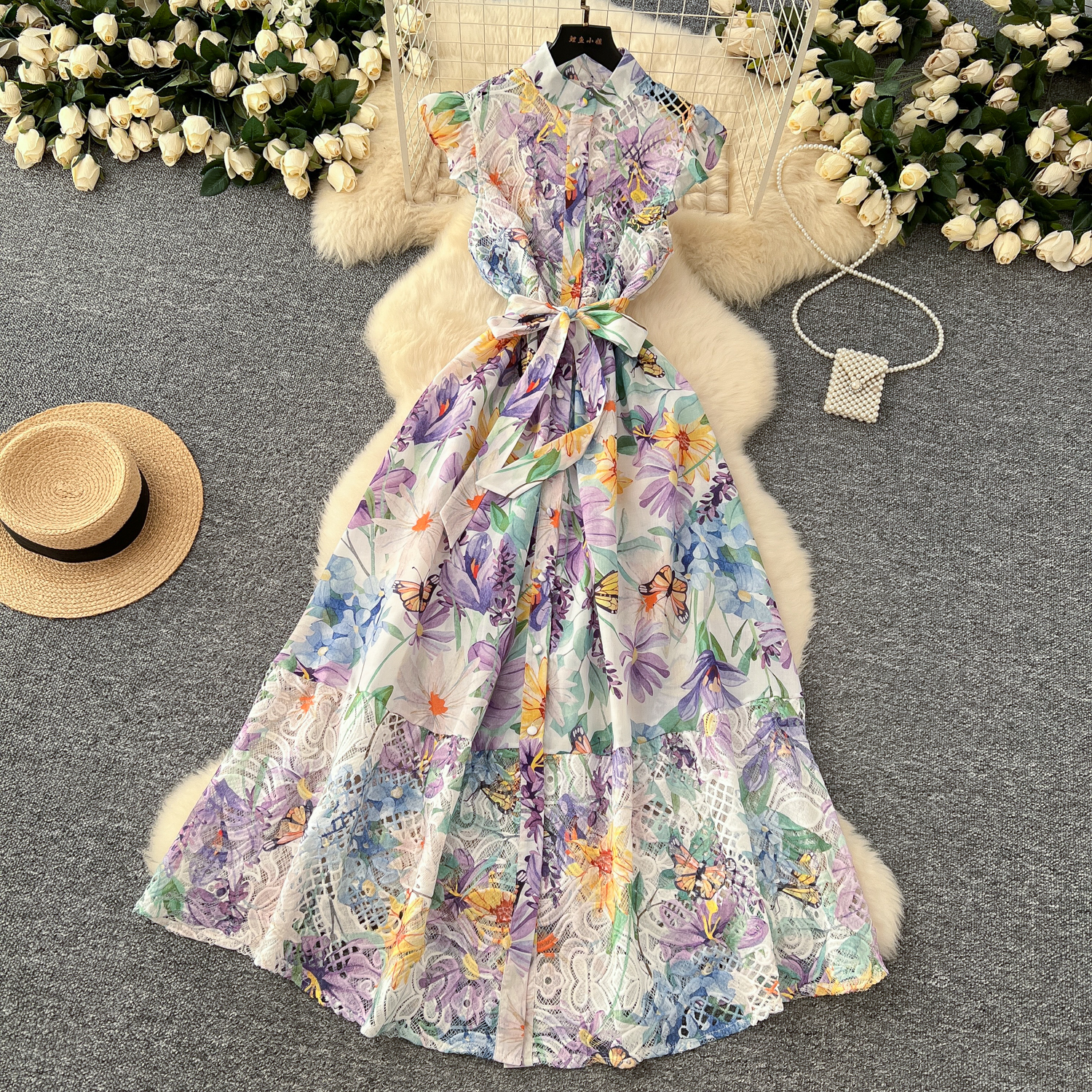 Casual Dresses Women Summer Gorgeous Flower Embroidery Lace Spliced Wedding Dress Women Ruffles Sleeve Colorful Belt Long Robe Holiday Party Vestidos 