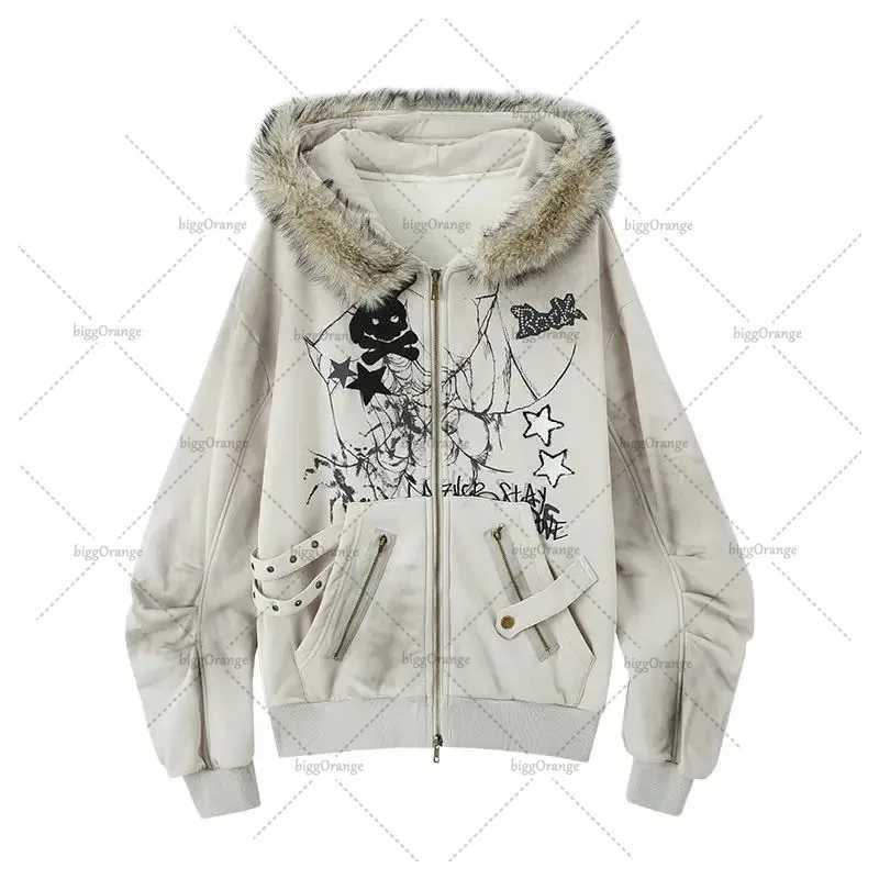 Gothic Dark Harajuku Fur Collar Clothing Personalized Rabbit Ears Hoodie European and American High Stripe Zipper Sweatshirt X241207