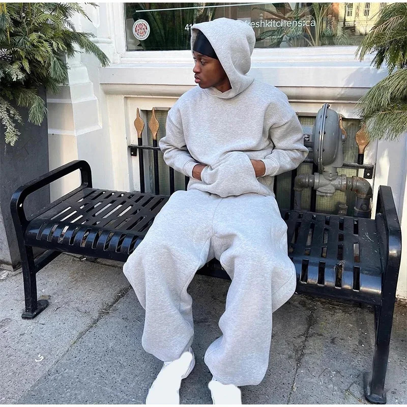 American retro simple sportswear mens fashion solid color pocket hoodie and loose elastic waist sports pants two-piece set 241205