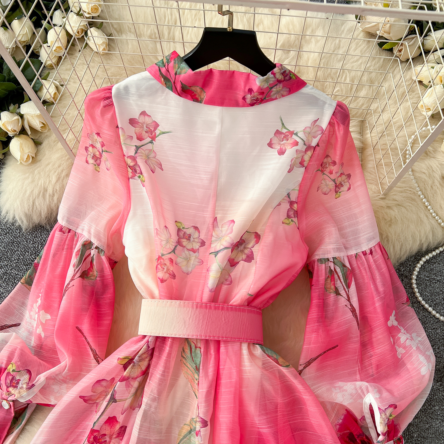 Casual Dresses 2025 Spring Holiday Gorgeous Flower Maxi Dress Women's Long Lantern Sleeve Notched Floral Print Pearl Belt A Line Robe Vestidos