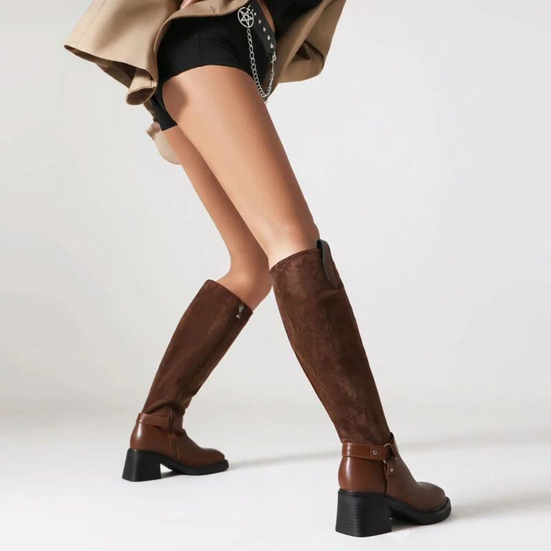 Casual womens snow boots square high heels womens knee high boots warm fur winter riding boots womens black brown shoes womens WSH5015 241206