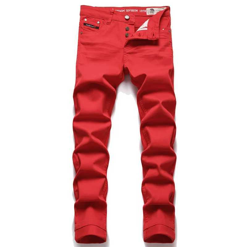 High Quality Mens jeans red simple trend stretch slim pants mid waist fashion embroidery high-end brand jeans street hip-hop clothing T241207