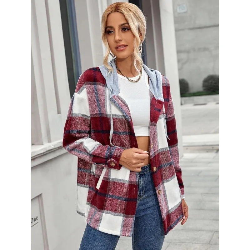 Cross Border Independent Station Flannel Plaid Hooded Woolen Coat for Women 241202