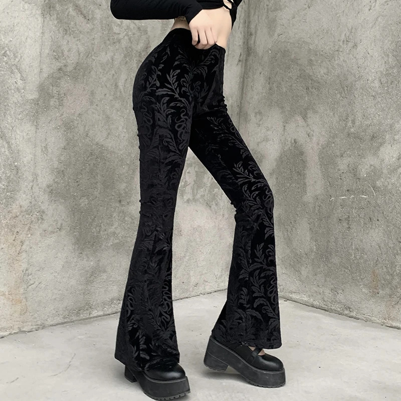 Womens Gothic style pants black glitter pants womens fashionable temperature velvet embossed n casual Trouser womens 241202