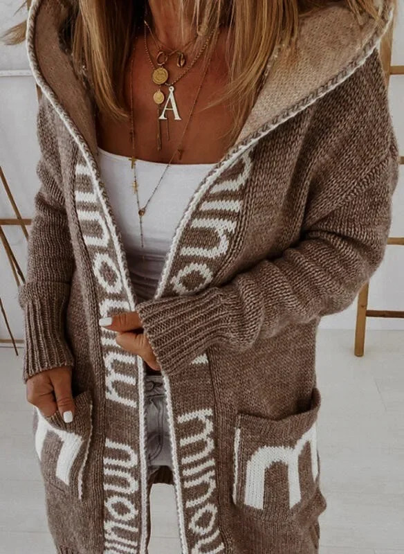 Womens long hoodie knitted jacket letter pattern knit vintage loose monochrome casual sweater 241206