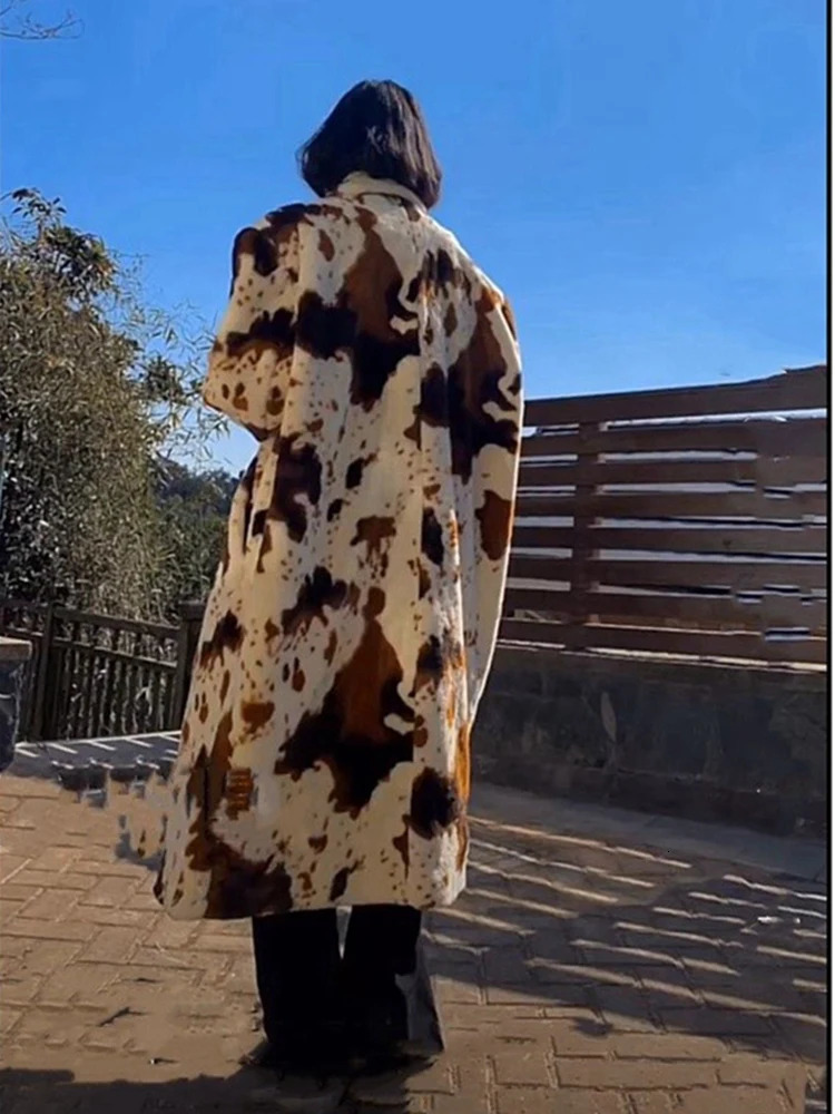 BZVW cow leopard print sheepskin wool coat womens lapel long sleeved contrasting loose coat winter item 25Z1332 241202