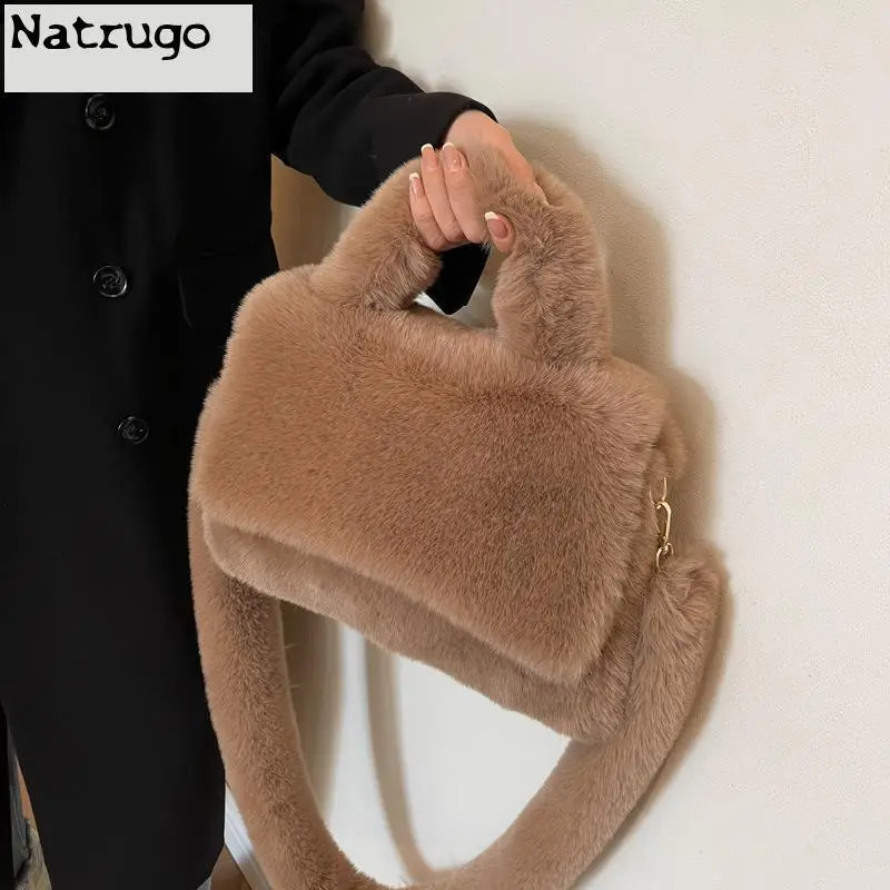 Womens large handbag faux fur handbag womens shoulder bag fashionable plush handbag cross shaped bag winter fashion 241206