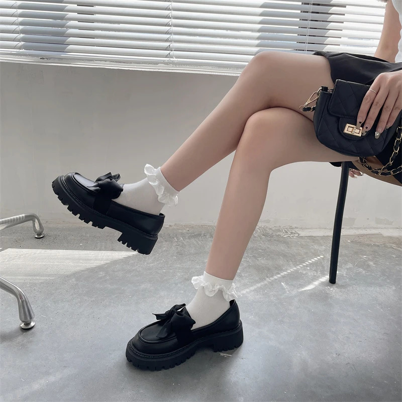 Women Flat Shoes Bow Leather Ladies 2024 Autumn Thick Heel Loafers Woman Fashion Comfortable Work Zapatos 241206