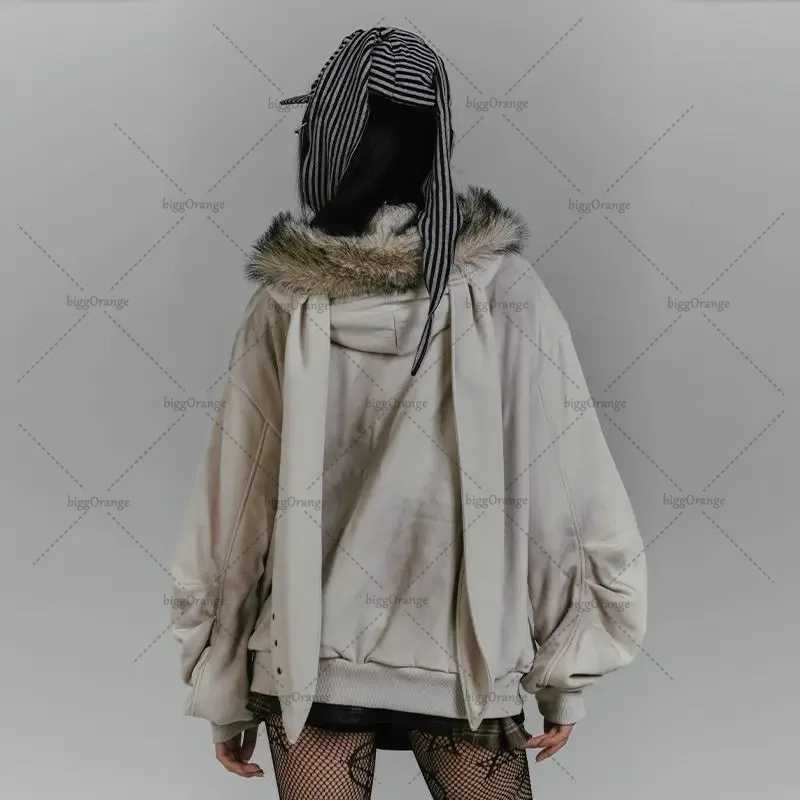 Gothic Dark Harajuku Fur Collar Clothing Personalized Rabbit Ears Hoodie European and American High Stripe Zipper Sweatshirt X241207