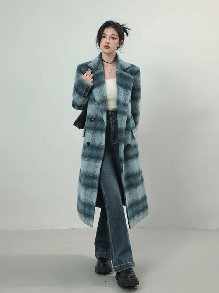 Lautaro winter long warm blue plain woolen jacket suitable for womens shoulder pads double chest Korean fashion 241205