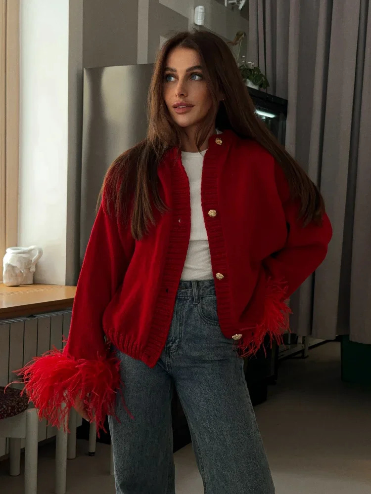 Red fashion patchwork feather cuffs knitted cardigan womens casual Oneck long sleeved button sweater 2024 streetwear 241206