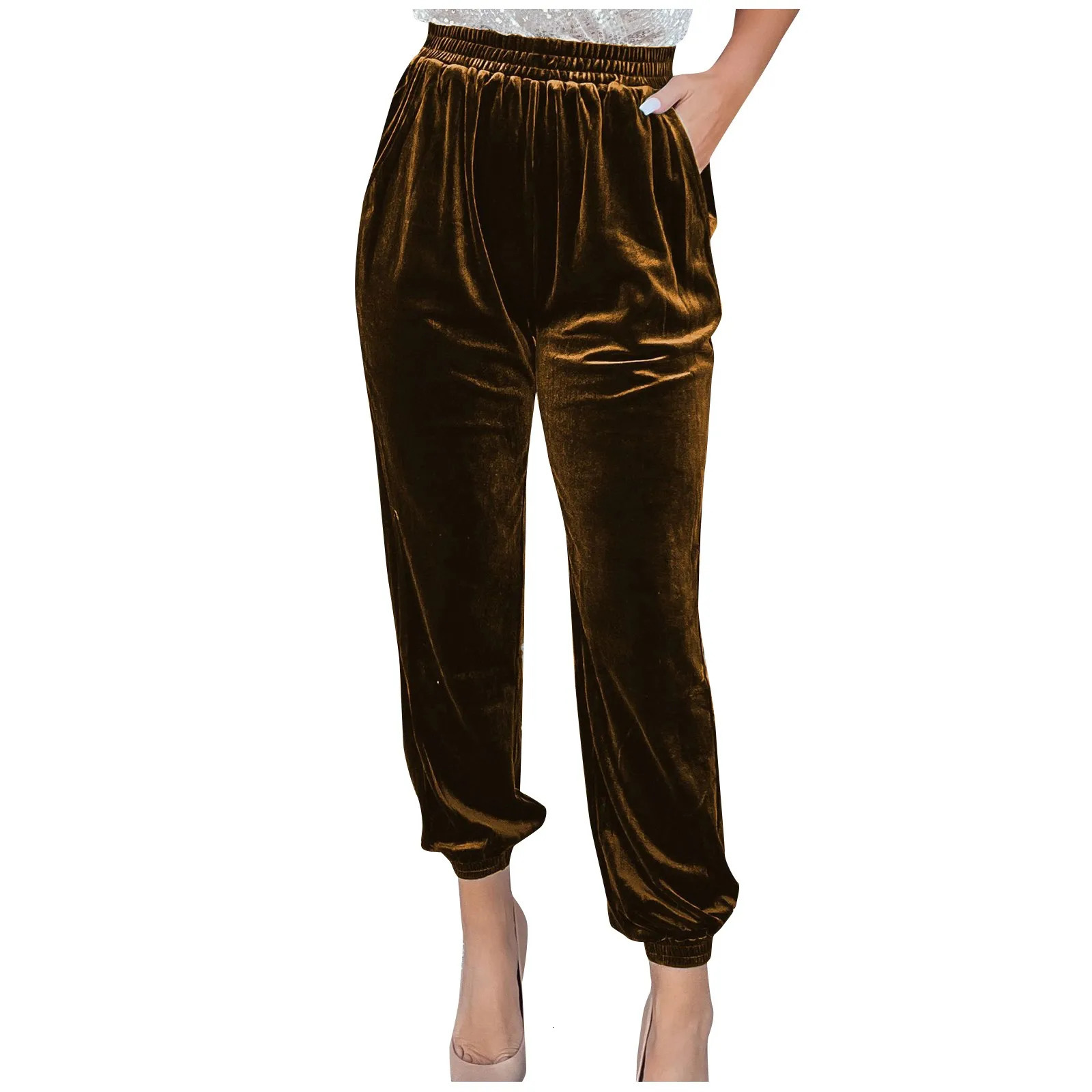 Autumn and winter womens gold velvet mens straight elastic waist casual pants 241202