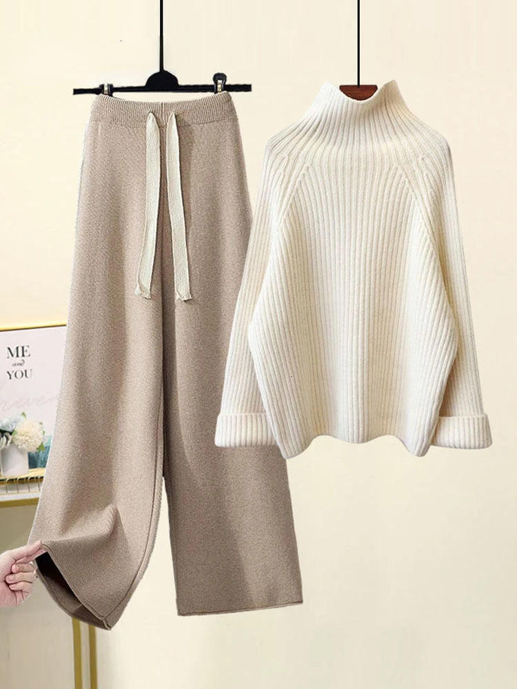 Winter Warm Knitted Set for Women Long Sleeve Half Collar Sweater Wide Leg Pants Loose Outfit N437 241206