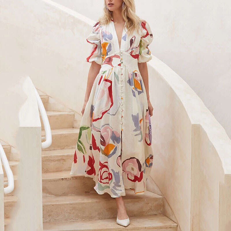 Spring European and American Women's Beach Slim fit Large Swing Four sided Elastic Printed Long Dress 2024 New Casual Versatile Fashion Clothing