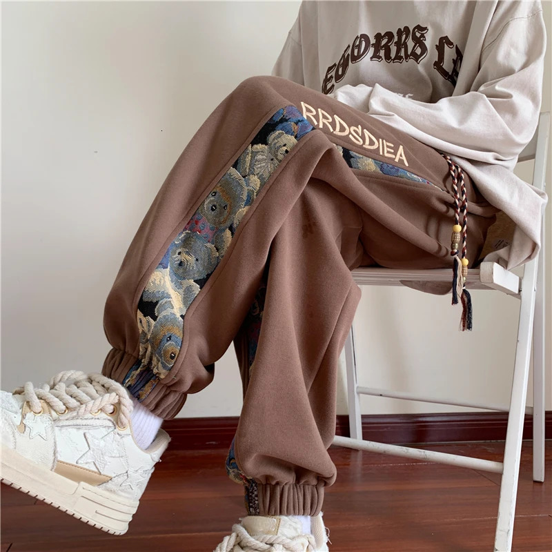 Autumn bear embroidery drawstring pants trend n feeling niche sports fashionable loose casual womens 241206