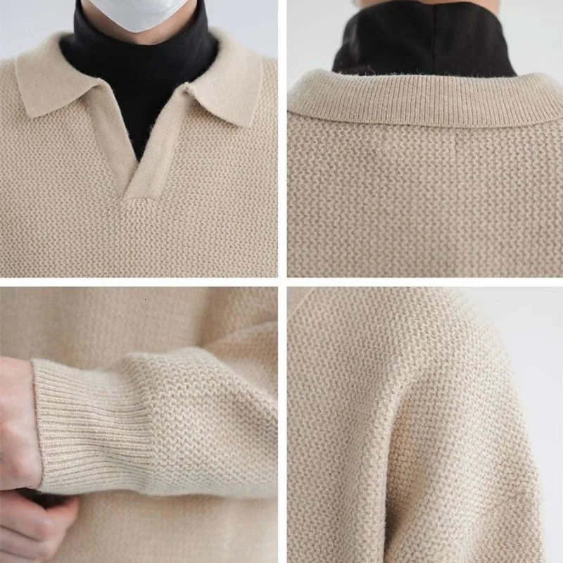 Winter casual knitted polo neck pullover mens solid color fashionable jacket retro knitted sweater Korean mens top 241206