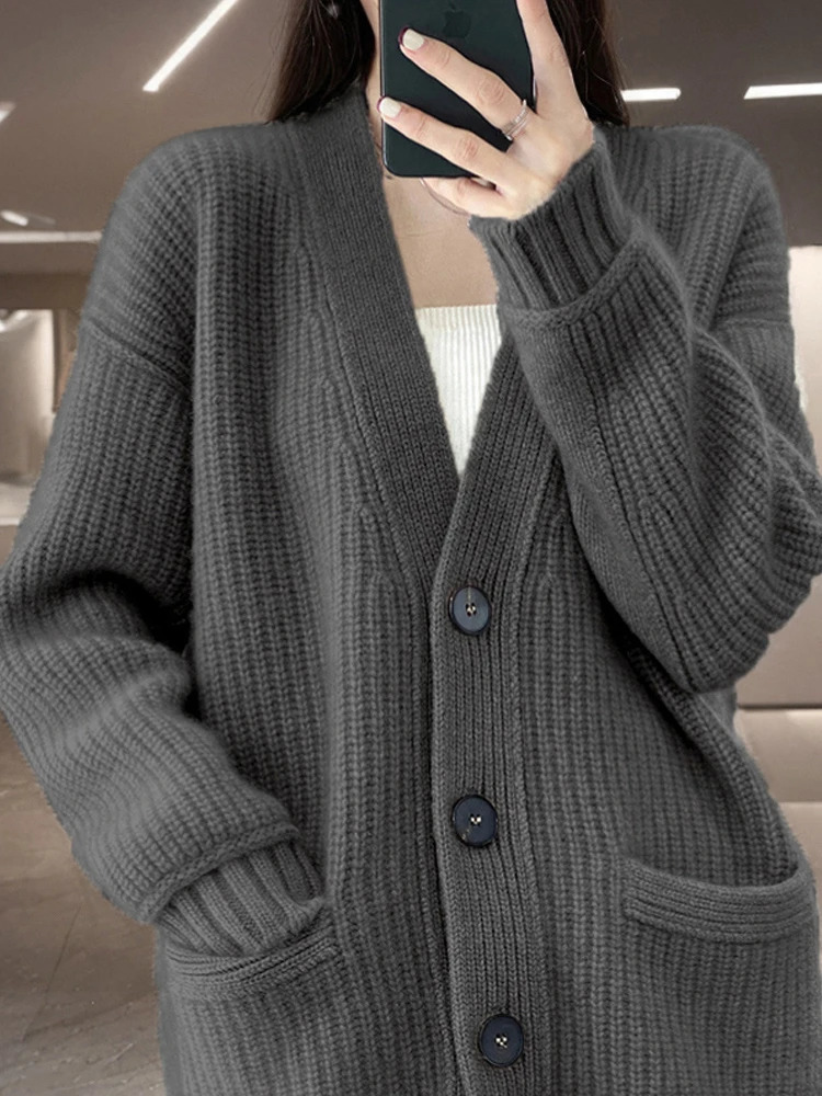 Cashmere blend wool soft winter warm knit Vneck womens cardigan sweater Korean fashion casual loose long sleeved jacket 241206