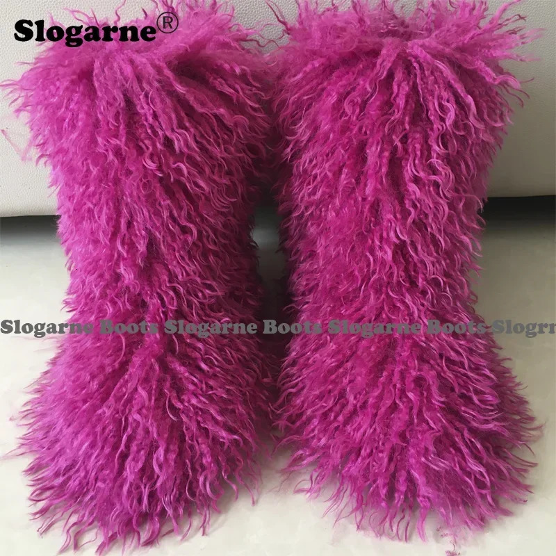 Winter boots fur leather shoes teddy snow fluffy and warm artificial wool plush fashionable Mongolian 241206