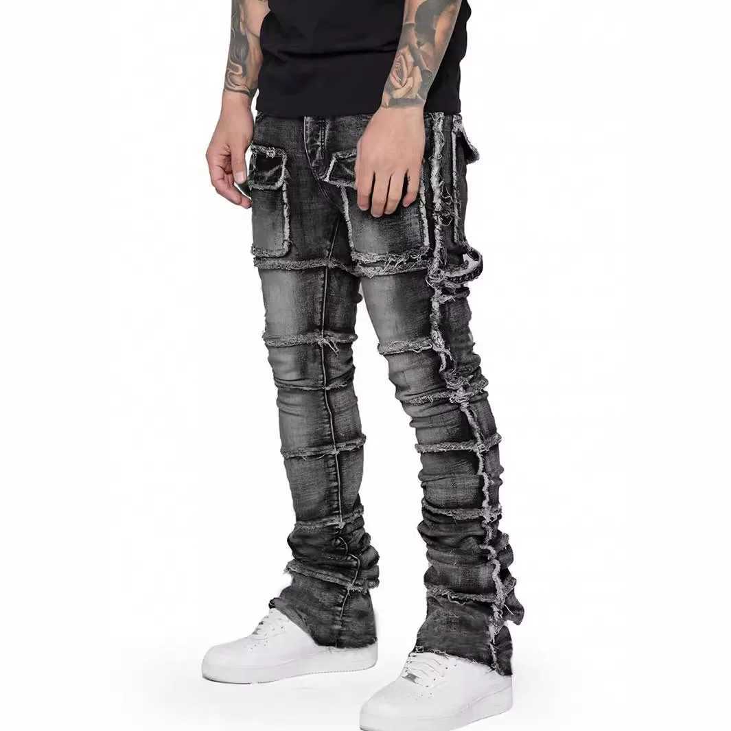 Retro Stretch Patchwork Mens Cargo Pants Distressed Button Pockets Denim Straight Trousers Fashionable Vintage Male Streetwear M250610