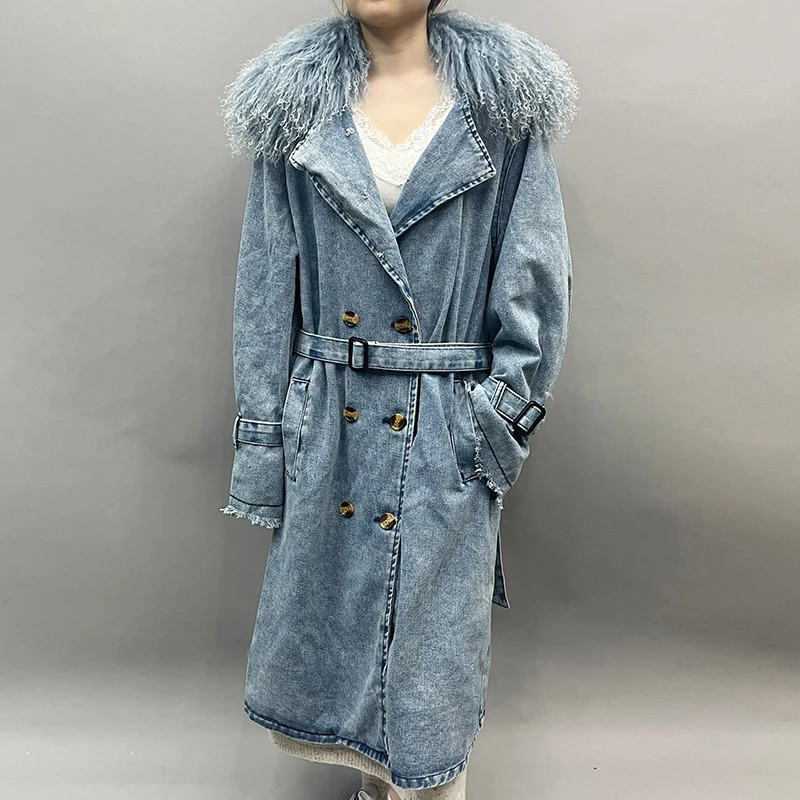 Womens Fashion Mongolian Fur Collar Denim Jacket Spring and Autumn Long Trench Coat with Detachable 241206