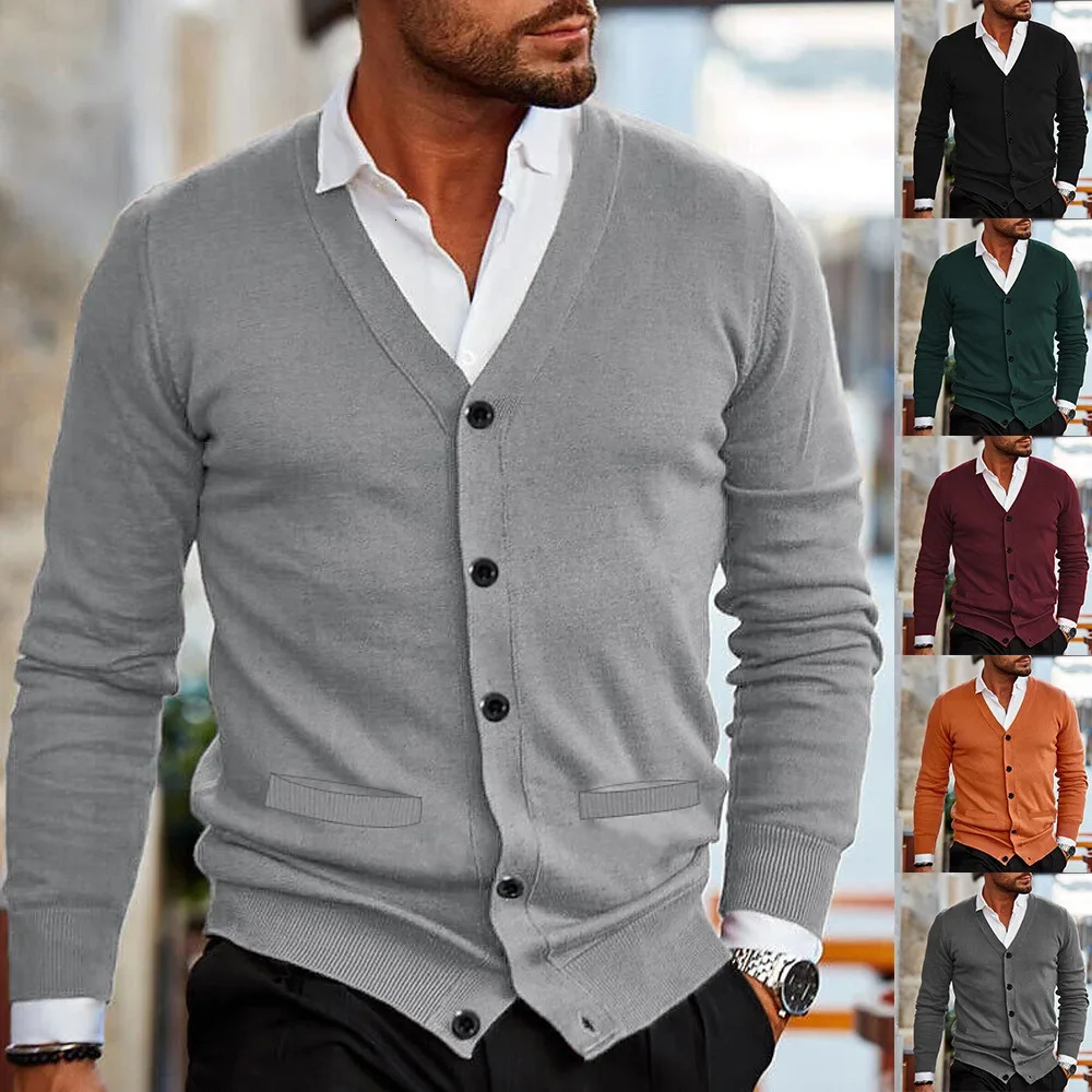 Mens autumn and winter knitted sweater Korean version Vneck long sleeved slim fit cardigan jacket S2XL 241206