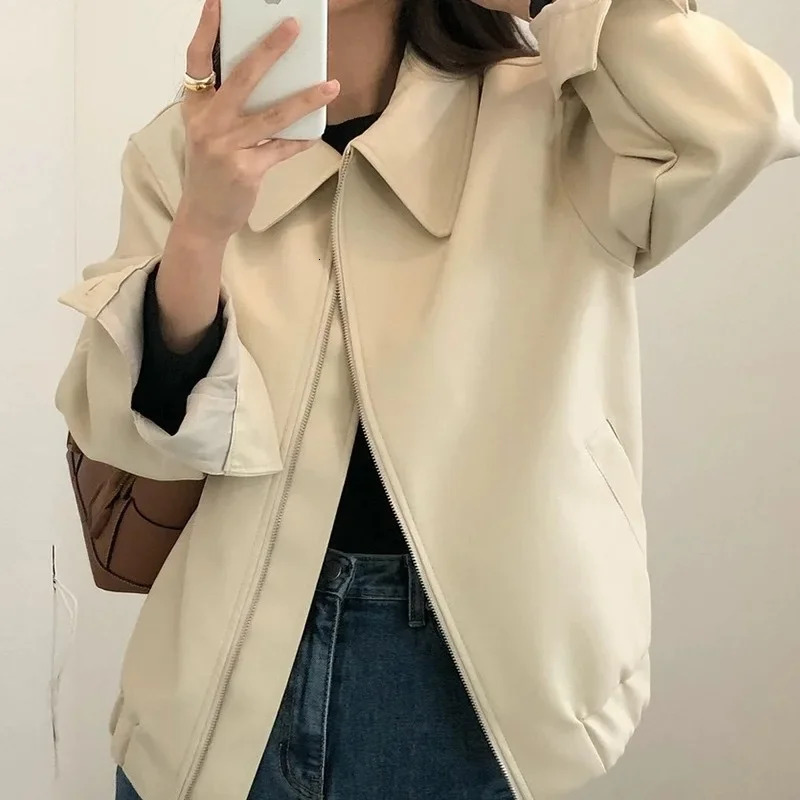 Chicautumnunique Korean Style Womens Leather Jacket Casual Loose Fit Long Sleeve Motorcycle Clothing Lapel Zipup n 241202