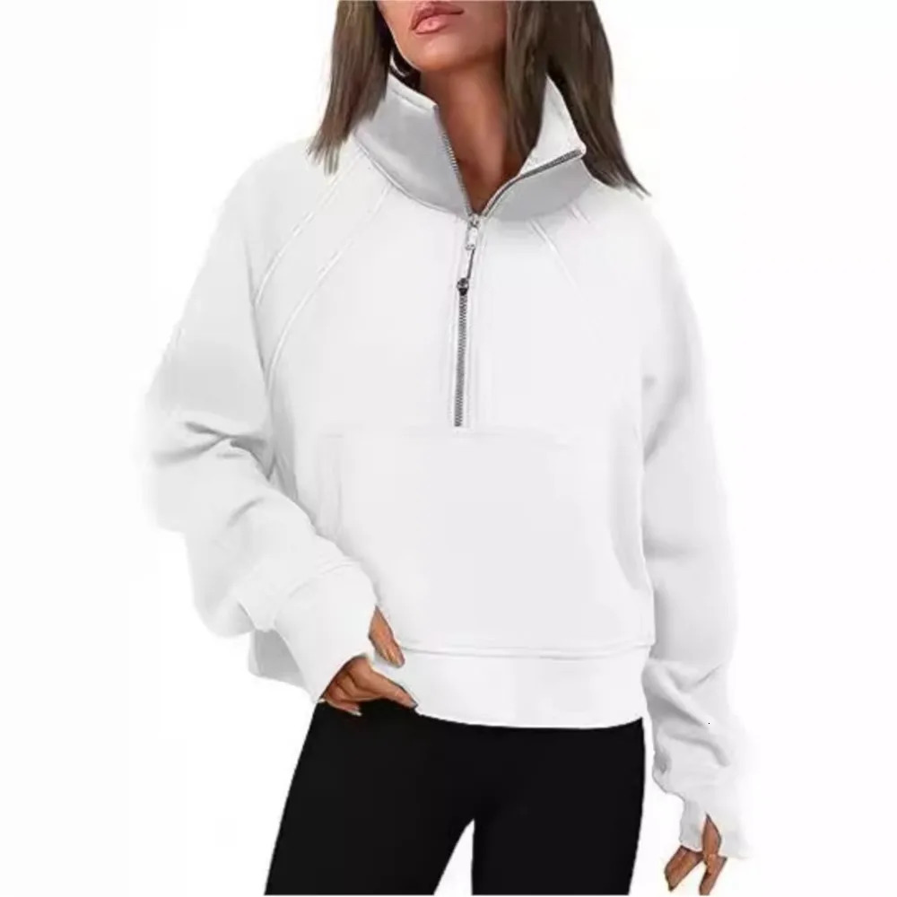 Stand Collar Casual Sweatshirts Half Zip Women Cropped Pullover Thumb Hole Overzised Hoodie Solid Color Plus Size Sports Outfit 241203