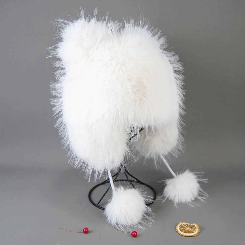 Fluffy Soviet hat fake raccoon fur hat winter octopus bomber earmuffs knitted ball fashionable flip cover Mongolian hat 241206