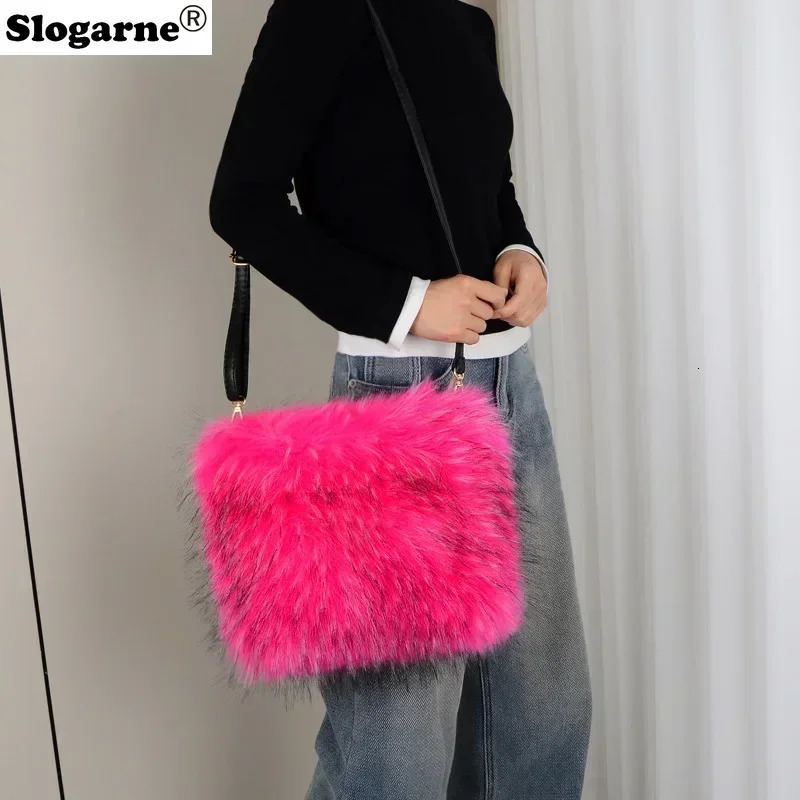 Womens Artificial Raccoon Fur Handbag Womens Winter Soft and Fluffy Large Capacity Handbag High Quality Fur Cross Body Bag 241206
