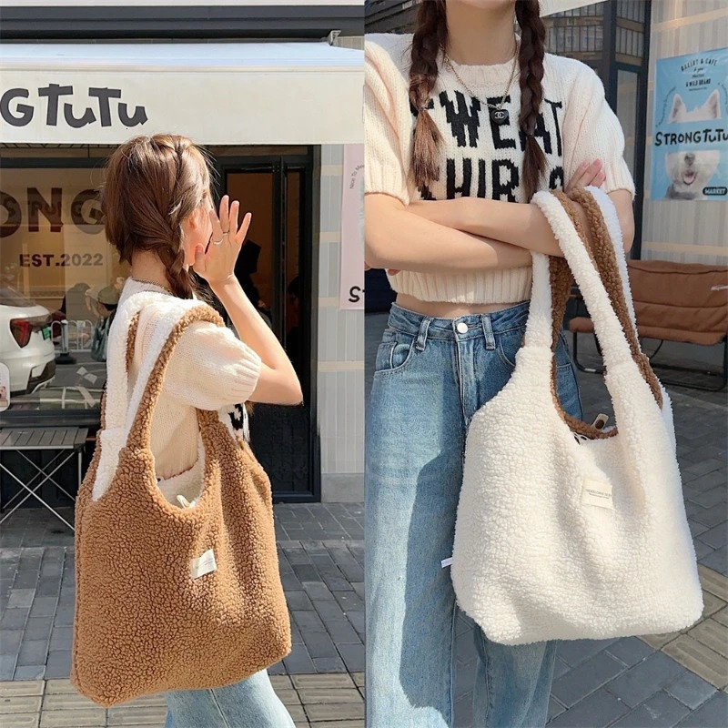 Cute Plush AutumnWinter Large Capacity Canvas Bag for Women Hairy Reversible Tank Top 241203