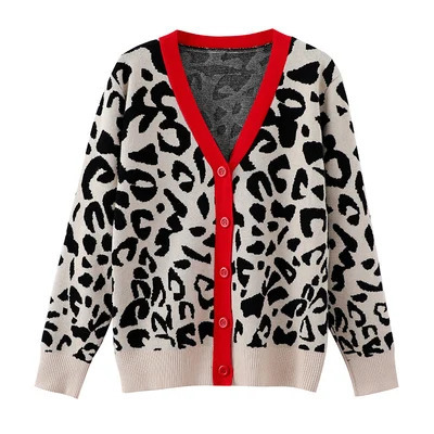 Autumn And Winter Womens Knitted Leopard Print Cardigans Ladies SingleBreasted Sweater Red Jumper Female Clothing
