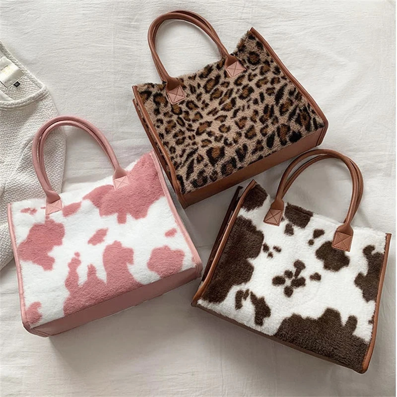 Womens Winter Handbag High Capacity Retro Leopard Pattern Fluffy Shoulder Bag Retro Plush Fashion Pink Brown Autumn 241205