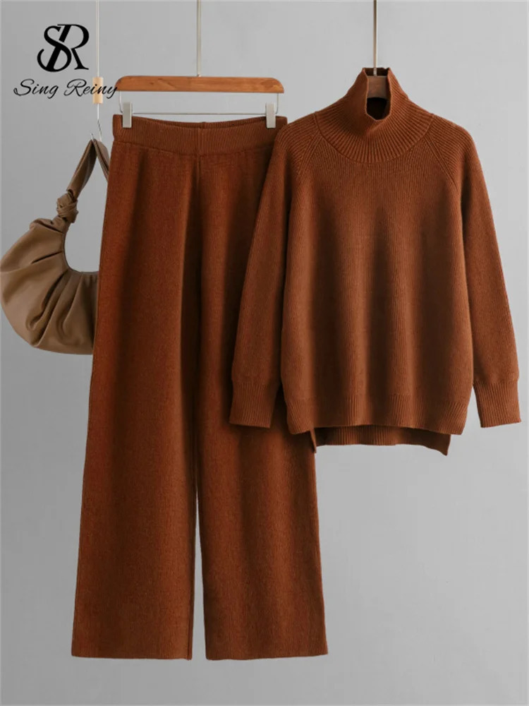 Singreiny Winter Solid Warm Set Womens Turtle Neck Long Sleeve Irregular TopWide Leg Casual Pants Sweater Two Piece Set 241205