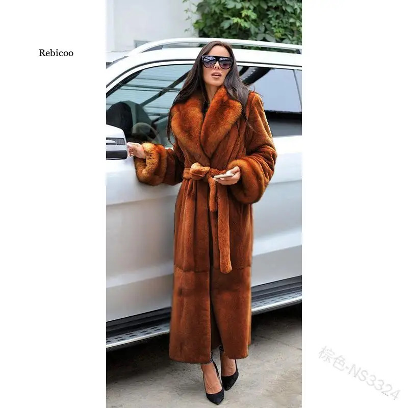 Winter black long faux fur coat long sleeved black 5XL faux mink coat womens coat 241202