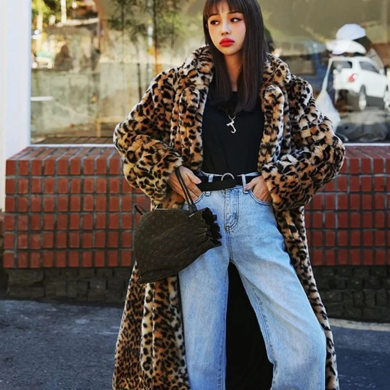 Extra Long Leopard faux fur coat womens winter faux fur leather jacket thickened thin scale coat plush fluffy coat 241202