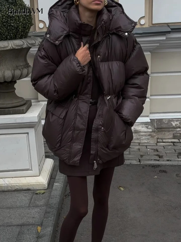 Winter Warm Brown Hooded Thick Cotton Jacket Womens Drawstring Pocket Quilted Jacket 2025 Fashion Leisure Street Jacket 241202