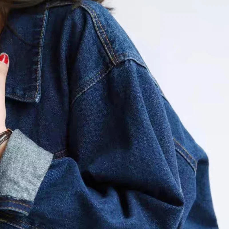 Autumn Korean womens denim jacket loose BF style short fashionable casual revolving door collar cotton blue 241206
