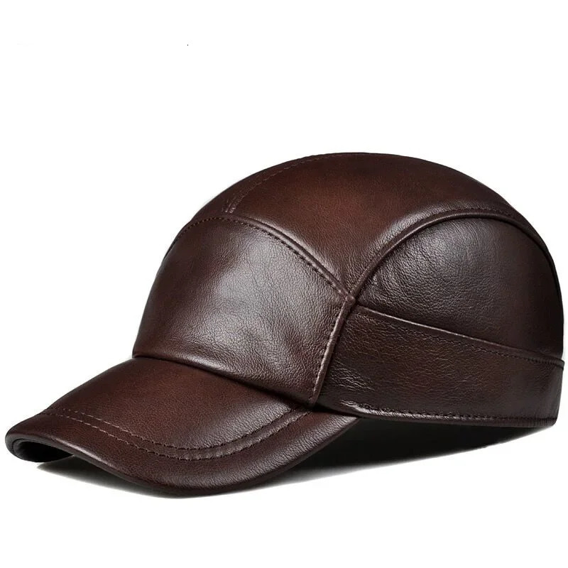 Spring/Summer Mens Genuine Leather Baseball Hat Mens Casual Cowboy Warm 56-60 Adjustable Sprot Flying Hat 241206