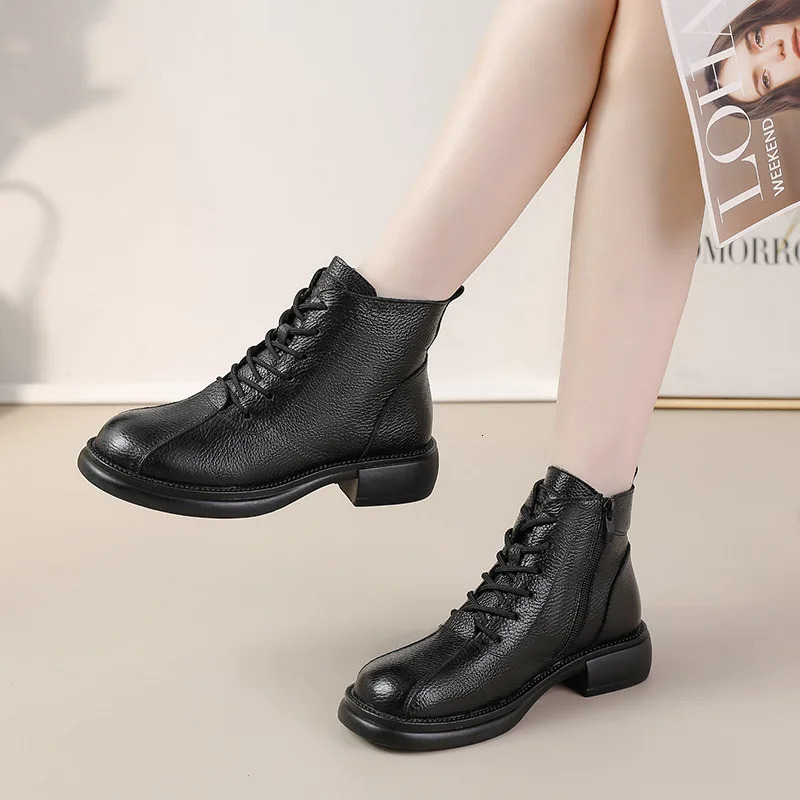 Xiuting Autumn denim mid heel soft soled womens short boots retro casual leather warm cotton shoes 241206