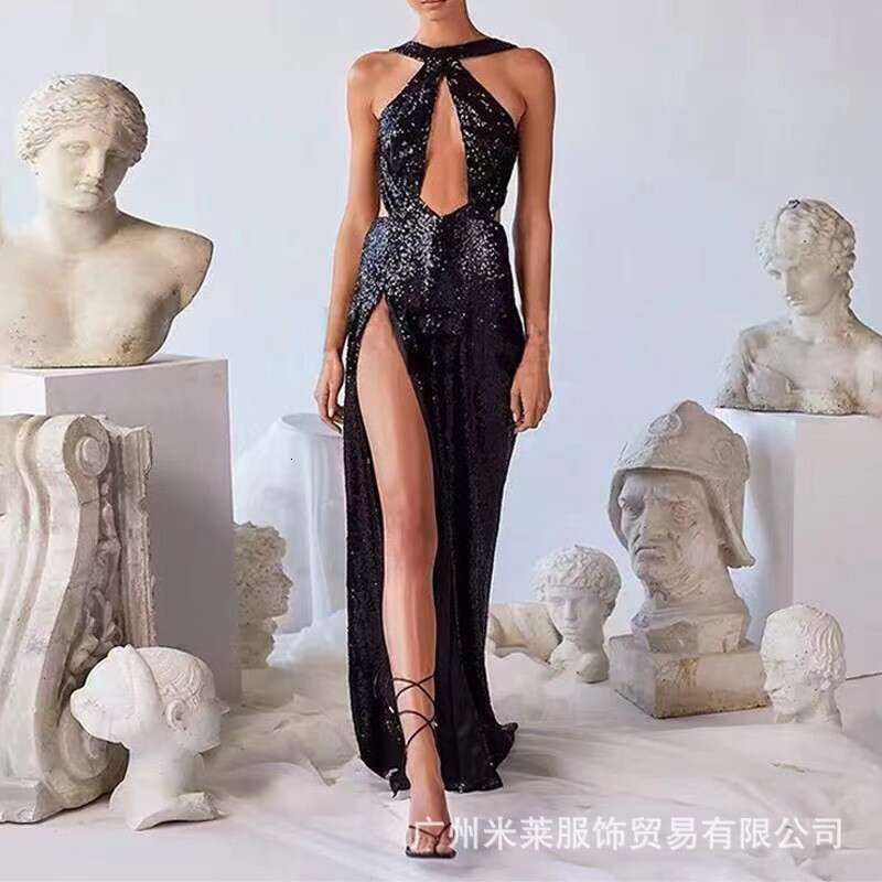 Spring/Summer Sexy Party Bead Irregular Temperament Evening Women's Hanging Neck Dress 2024 New Casual Versatile Fashion Clothing