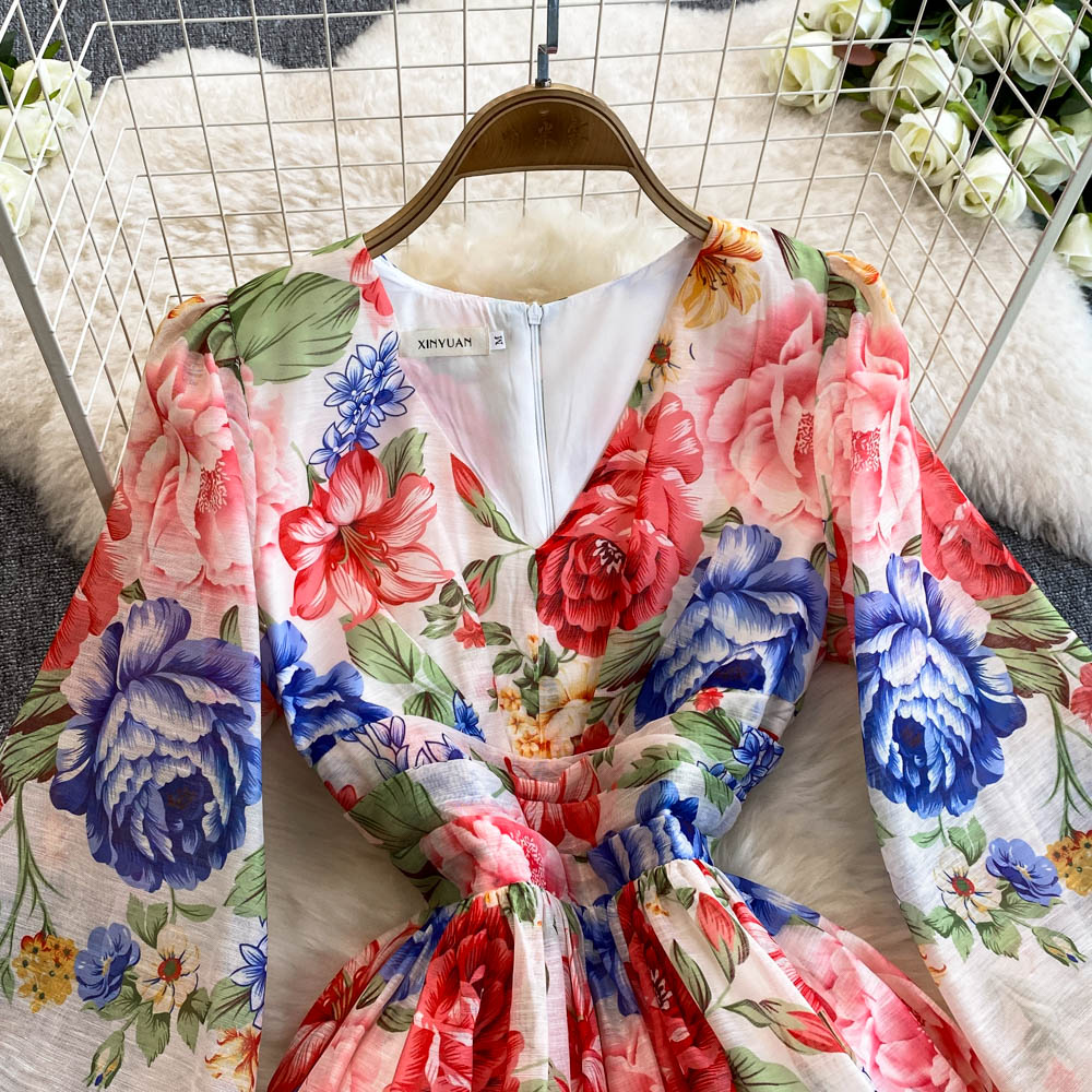 Fashion Casual Dresses 2025 New Casual Elegant Boho Vacation Party Dresses Women's V-Neck Gorgeous Floral Print Long Lantern Sleeve Summer Maxi D