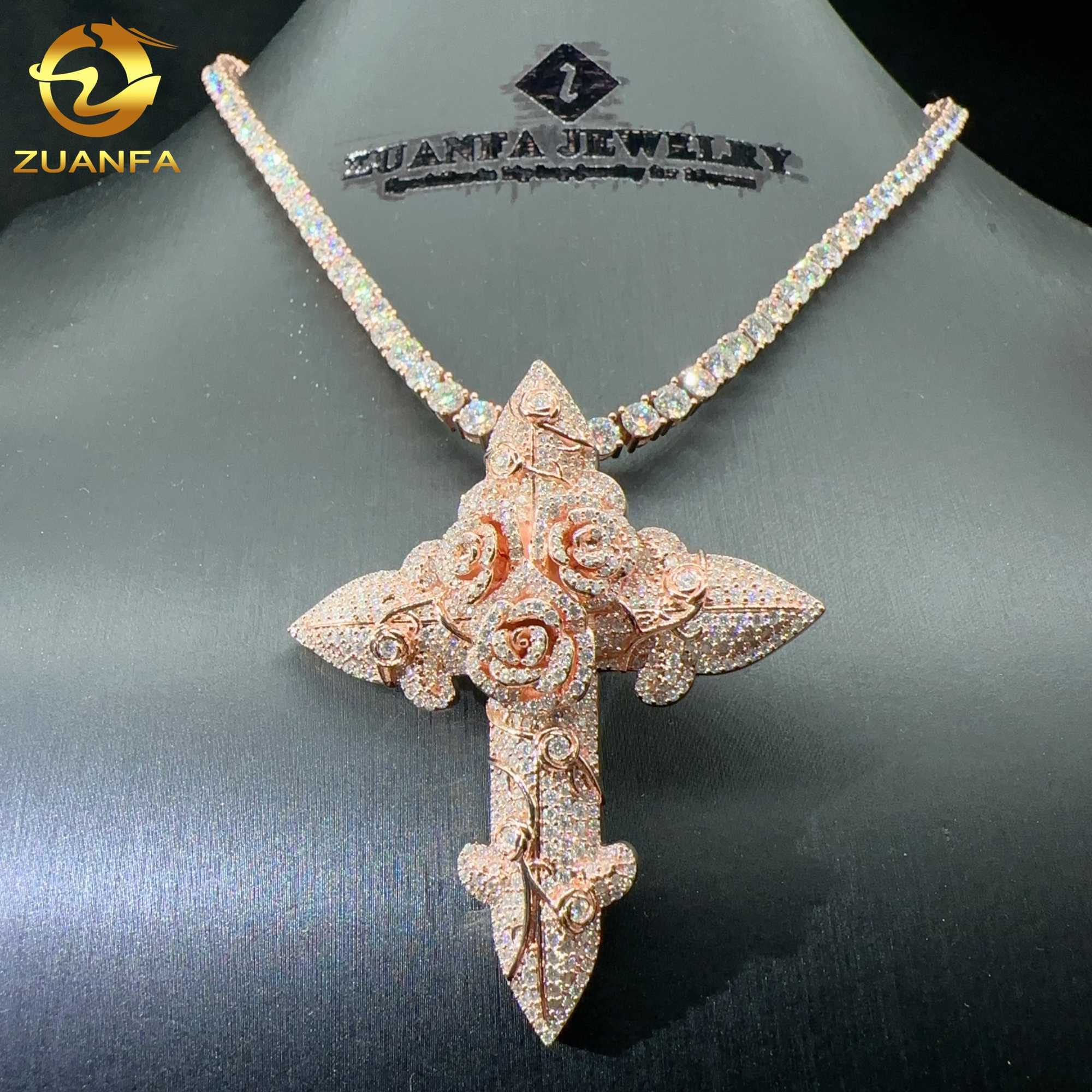 Custom tennis chain pendant sterling silver 925 vvs moissanite hip hop iced out jewelry fashion cross pendant