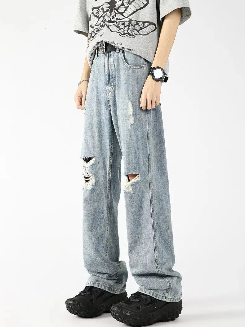 Summer Thin Light Color Ice Silk Hole Jeans American Street Gangster Handsome Straight Trousers 241204