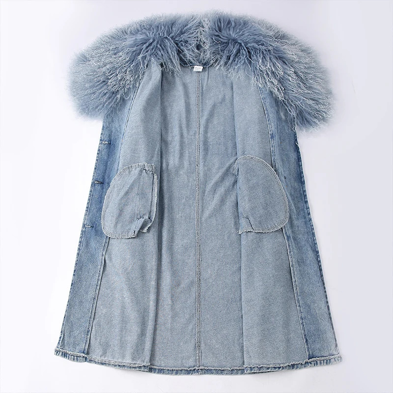 Womens Fashion Mongolian Fur Collar Denim Jacket Spring and Autumn Long Trench Coat with Detachable 241206