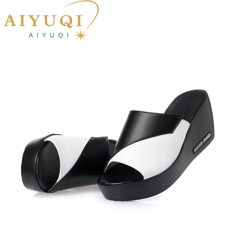 AIYUQI Woman Platform Flip Flops Summer Women Genuine Leather Slipper High Heel Shoes Big Size 41 42 43 Women Slipper