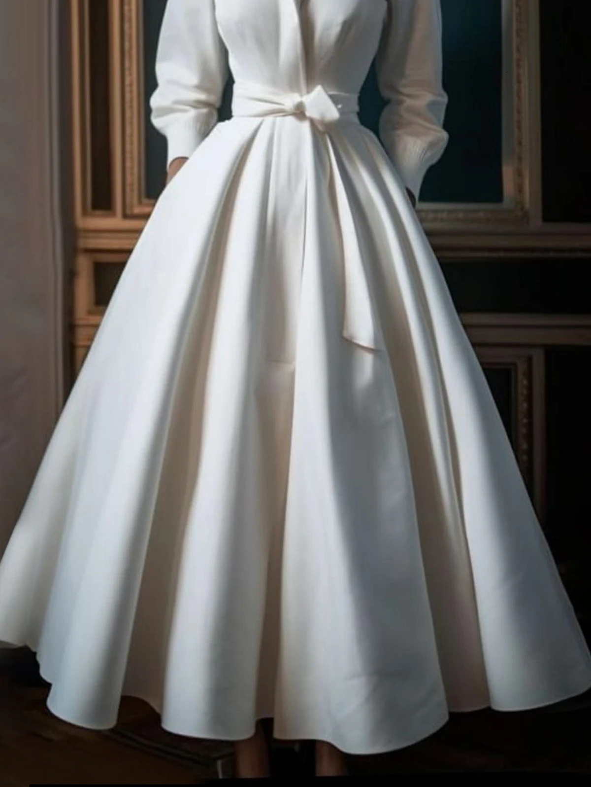 Elegant Casual Solid Color Stand Collar Shirt Mid-Length Waisted Evening Party Women's Long Dress